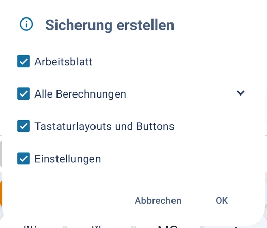 Der Sicherungs-Dialog mit seinen vier Kästchen