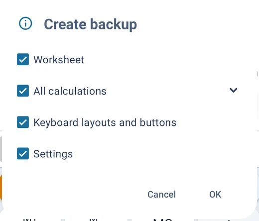The backup dialog with its four checkboxes