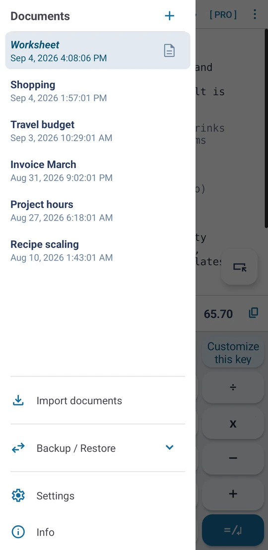 The document drawer: documents, import, backup, settings