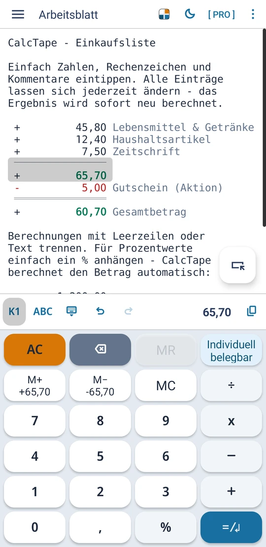 Eine fertige Rechnung: die Einkaufsliste