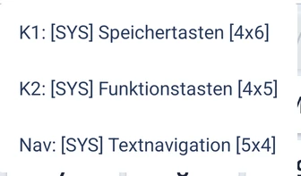 Die Bereichsliste hinter dem K1-Knopf, mit dem Layout je Bereich