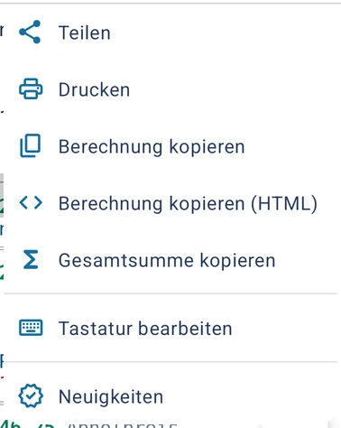Das Überlaufmenü mit Teilen, Drucken und Kopieren