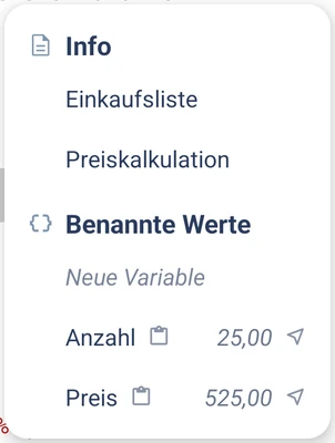 Das Schnelleinfügen-Panel: fertige Rechnungen und benannte Werte