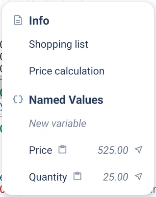 The quick insert panel: ready-made calculations and named values