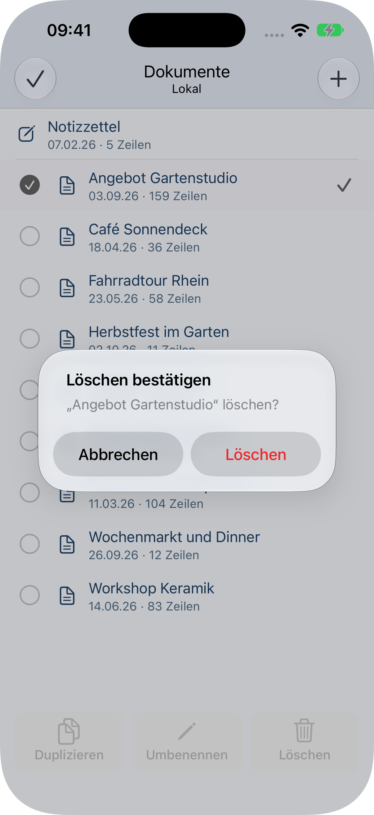 Die Bestätigung nennt das ausgewählte Dokument; Abbrechen behält die Datei.