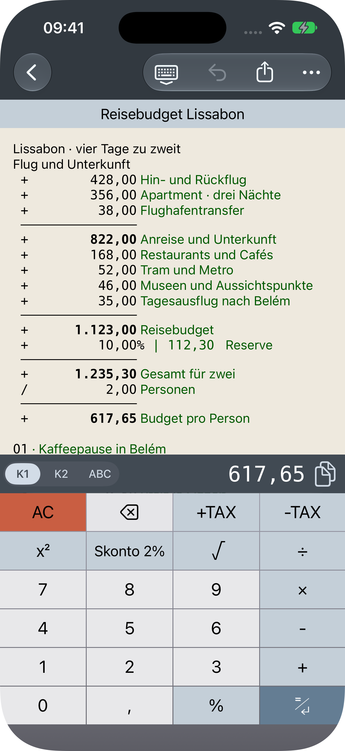 Reisebudget im Classic-Design mit cremefarbenem Rechenstreifen und grünen Kommentaren.