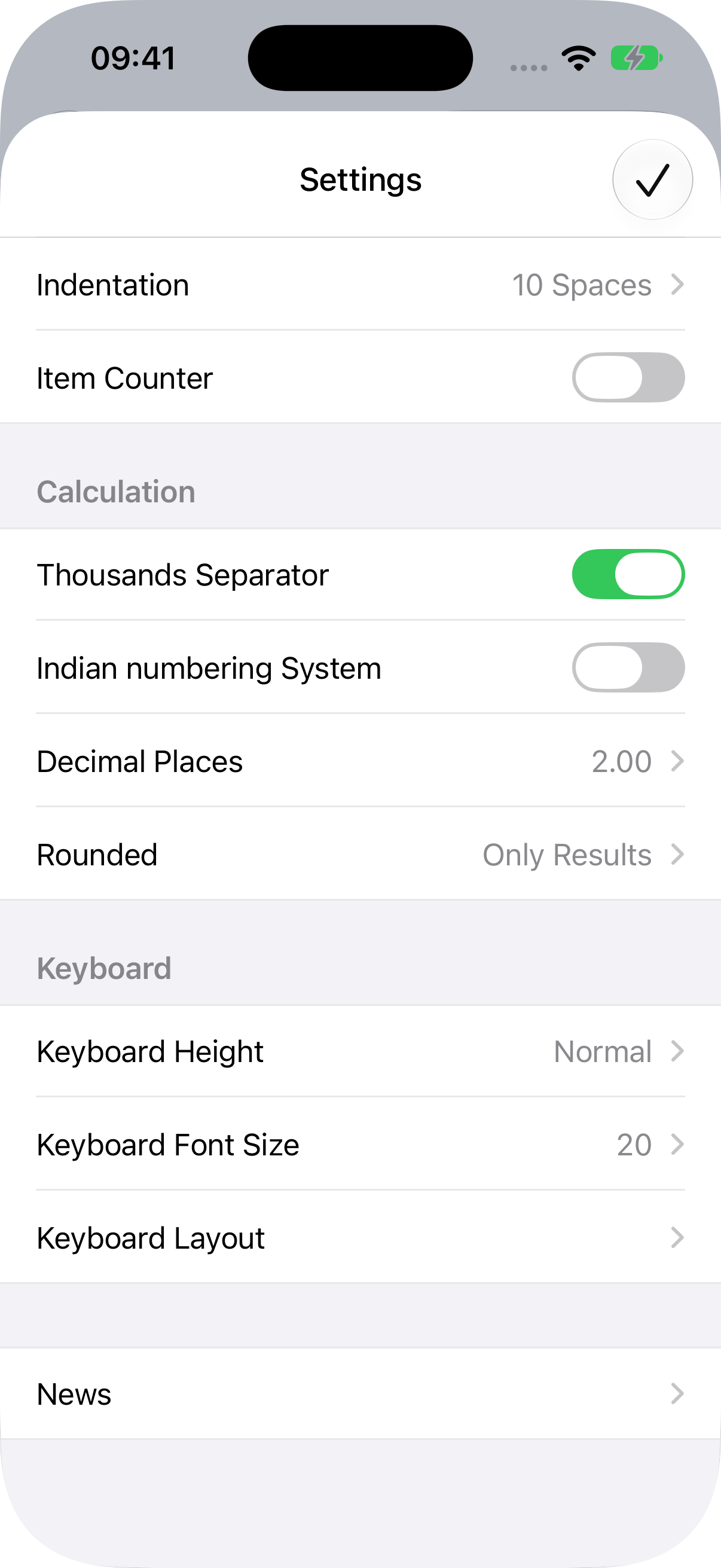 Keyboard height, keyboard font size, keyboard layout and News in the settings list.