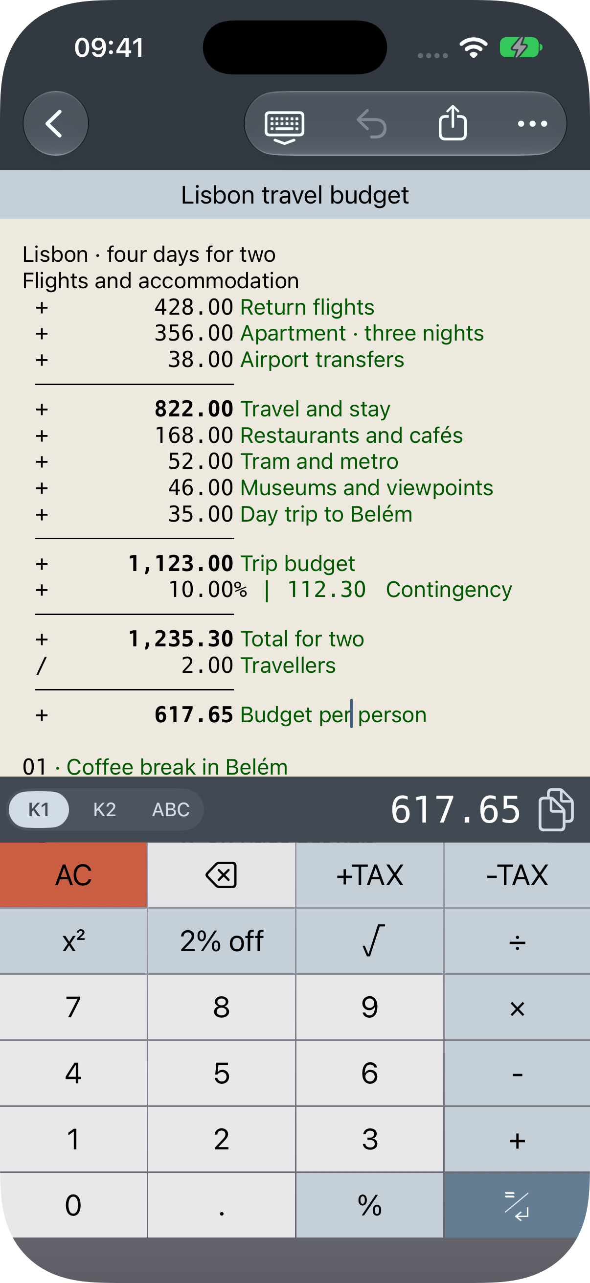 The travel budget in Classic, with a cream-coloured tape and green comments.