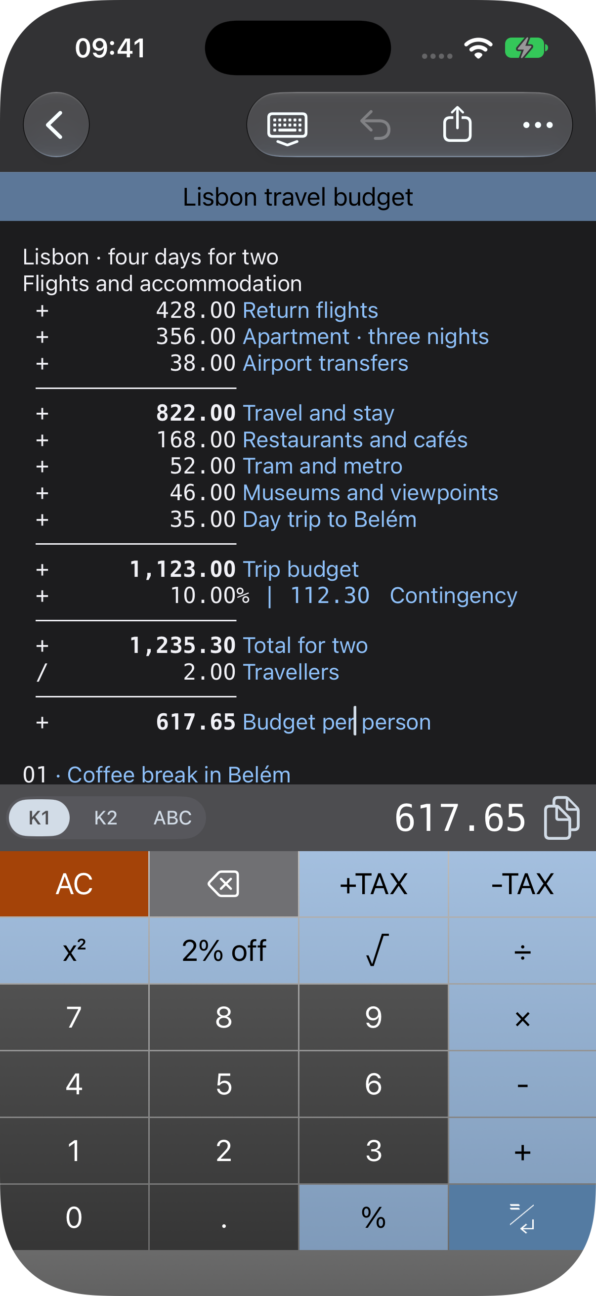The same travel budget on a dark tape, with a dark keypad and navigation.