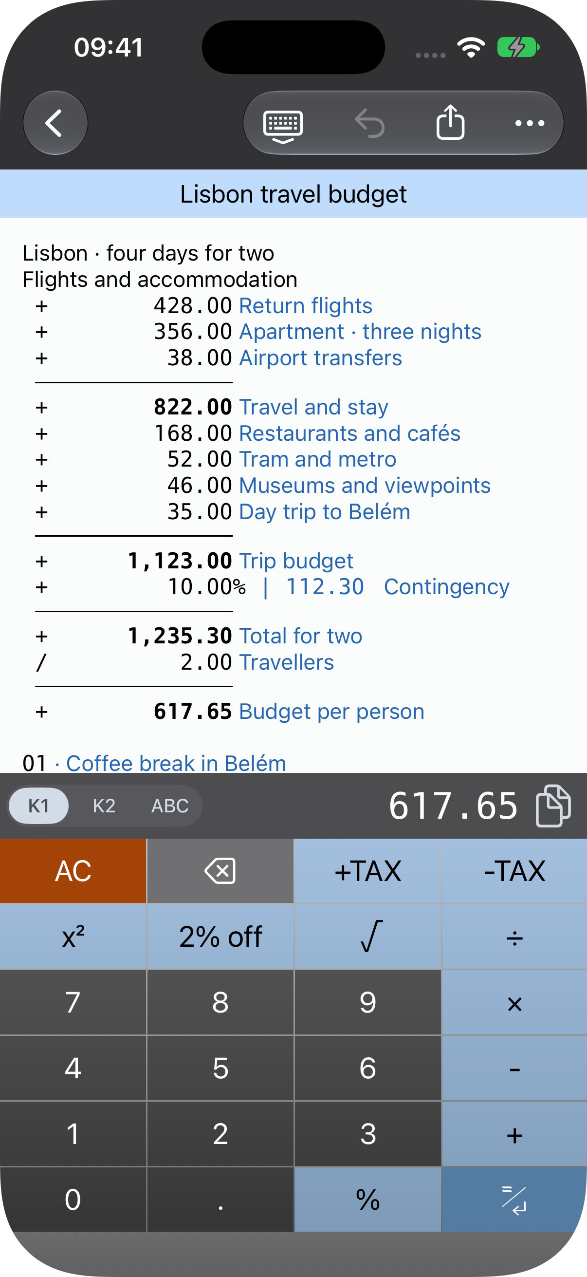 Dark navigation and keypad in Night; the calculation remains readable on a light background.