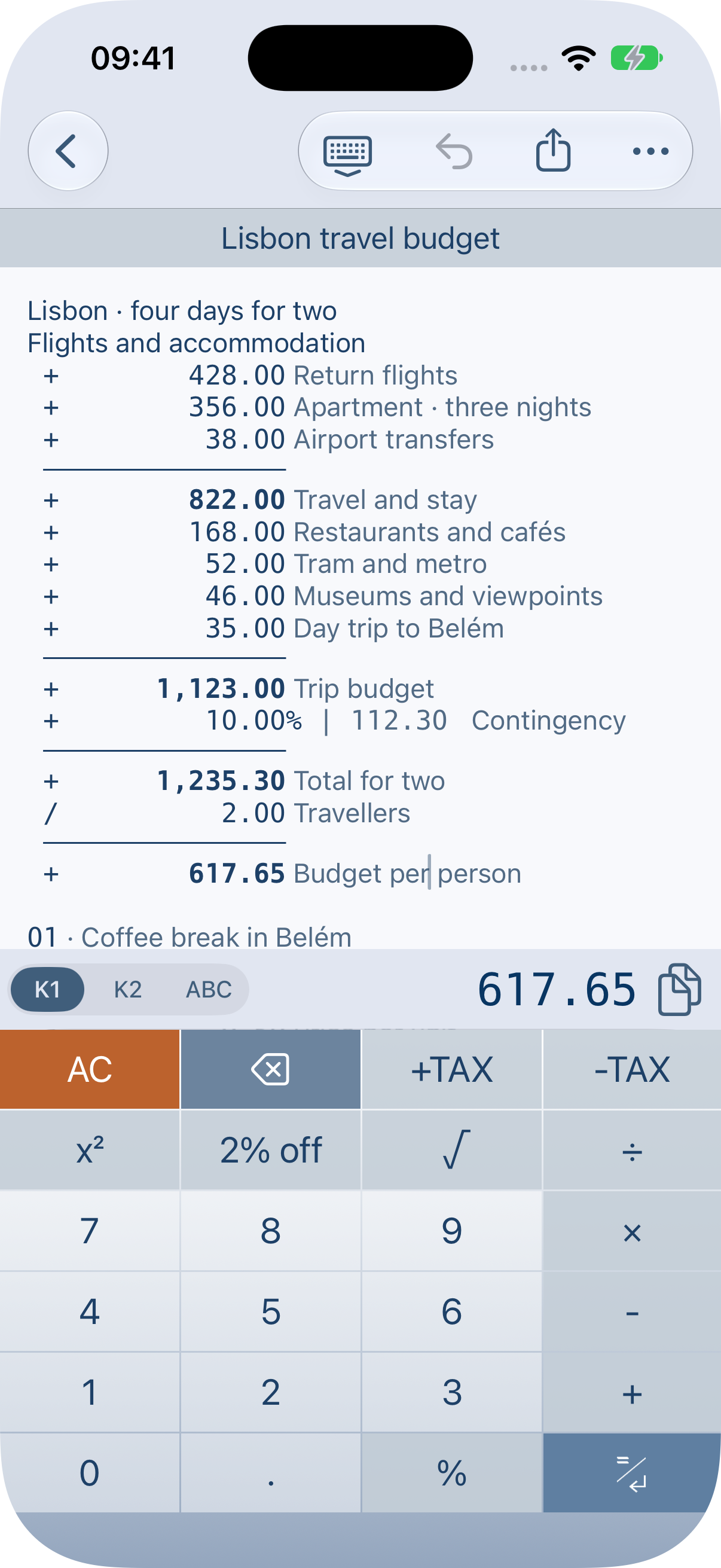 Lisbon travel budget in Standard: a light tape and blue-grey controls.