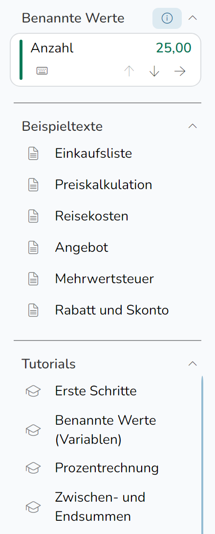 Das Panel „Werte und Texte“