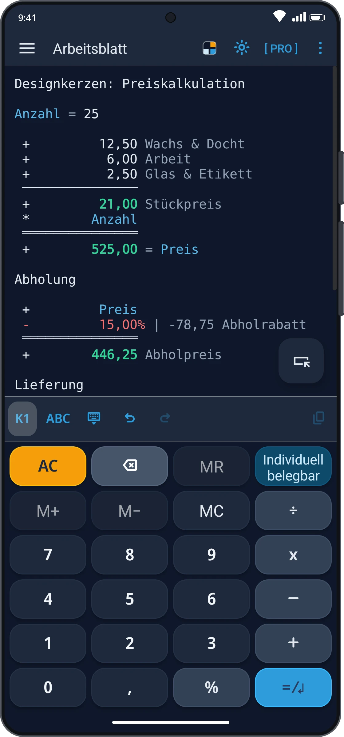CalcTape als App: ein Arbeitsblatt mit Variablen, Kommentaren und automatisch neu berechneten Zwischensummen.