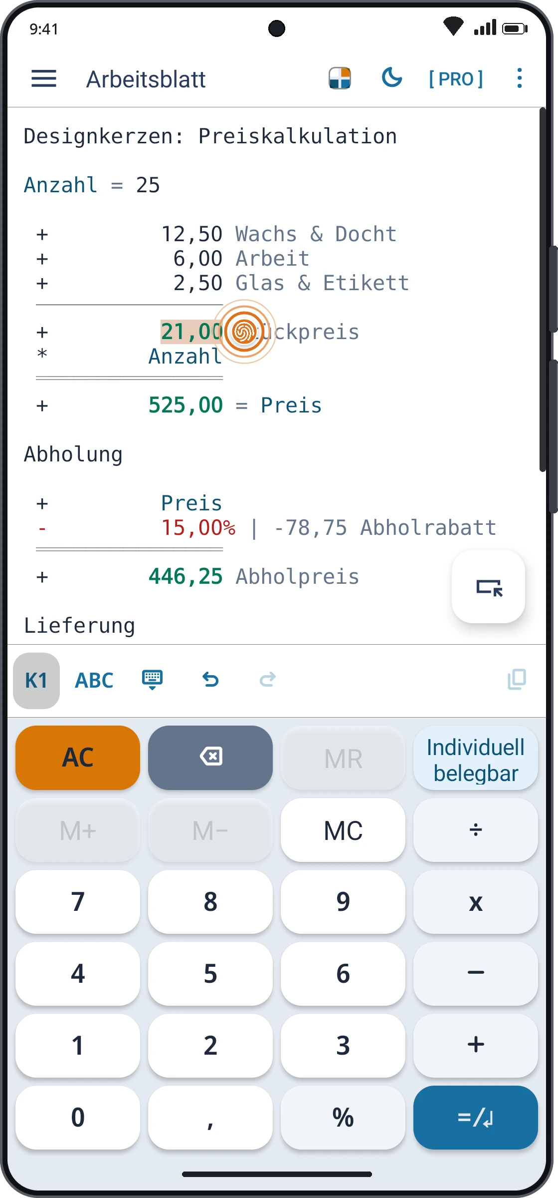 CalcTape für Android – Screenshot