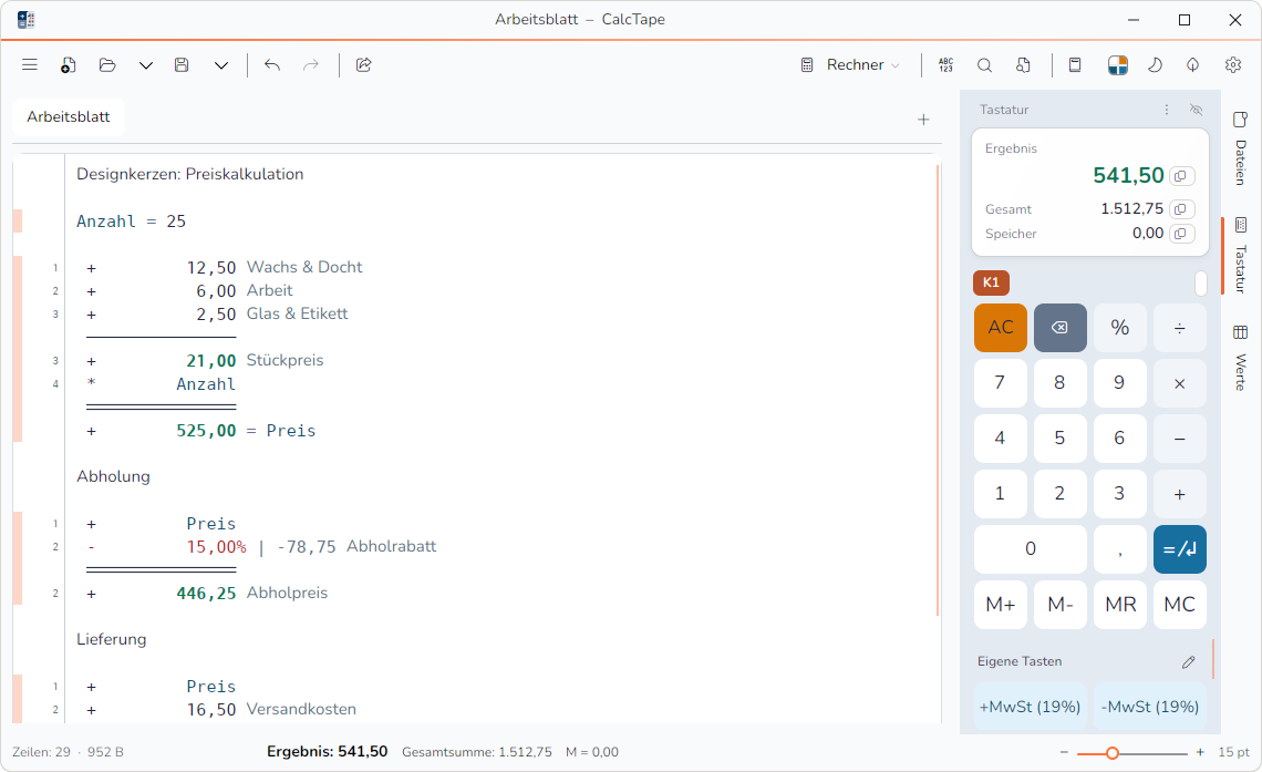 CalcTape für Windows: eine Preiskalkulation als Rechenstreifen – Posten mit Kommentaren, Zwischensummen und Gesamtergebnis, daneben Werkzeugleiste und Tastenfeld.
