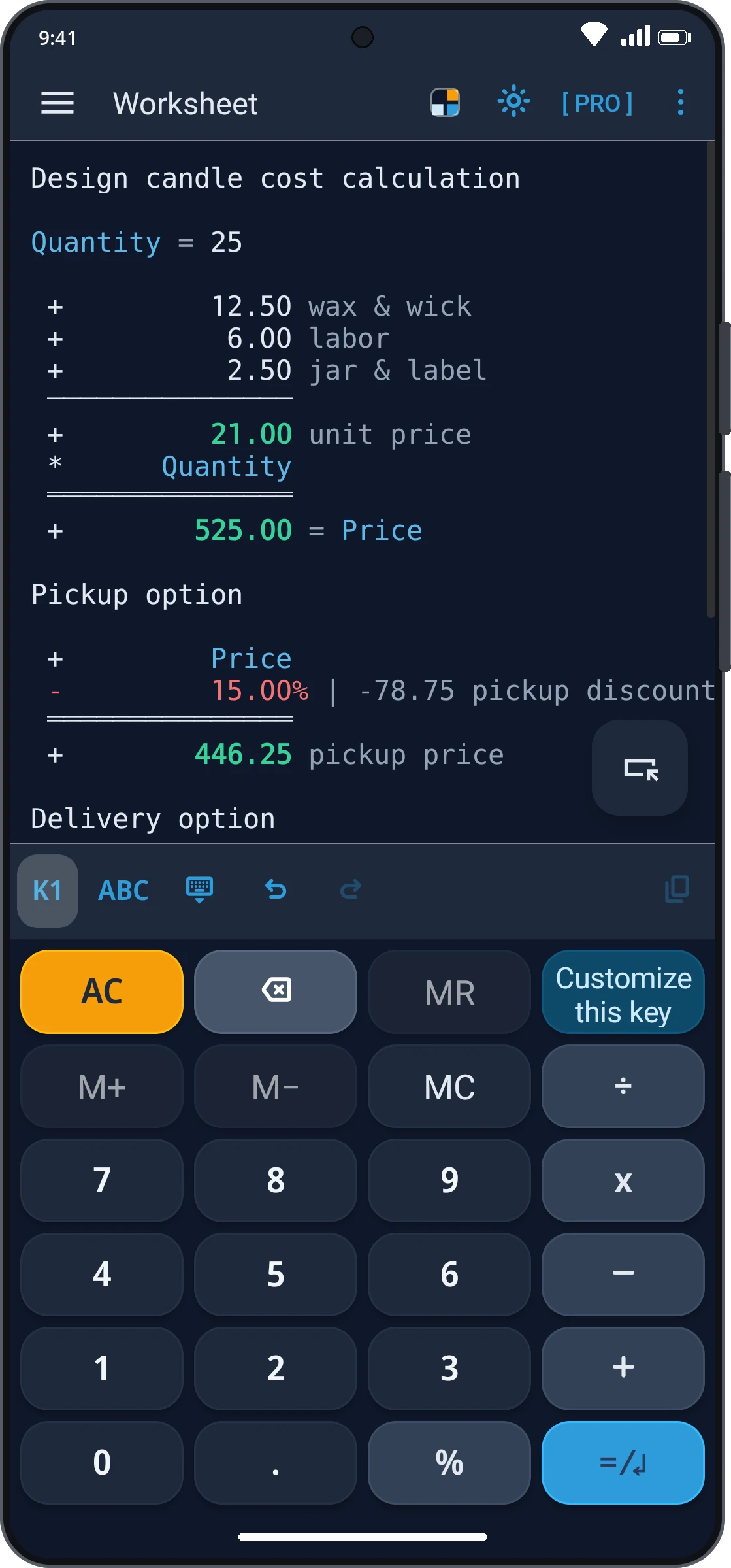 CalcTape as an app: a worksheet with variables, comments and automatically recalculated subtotals.