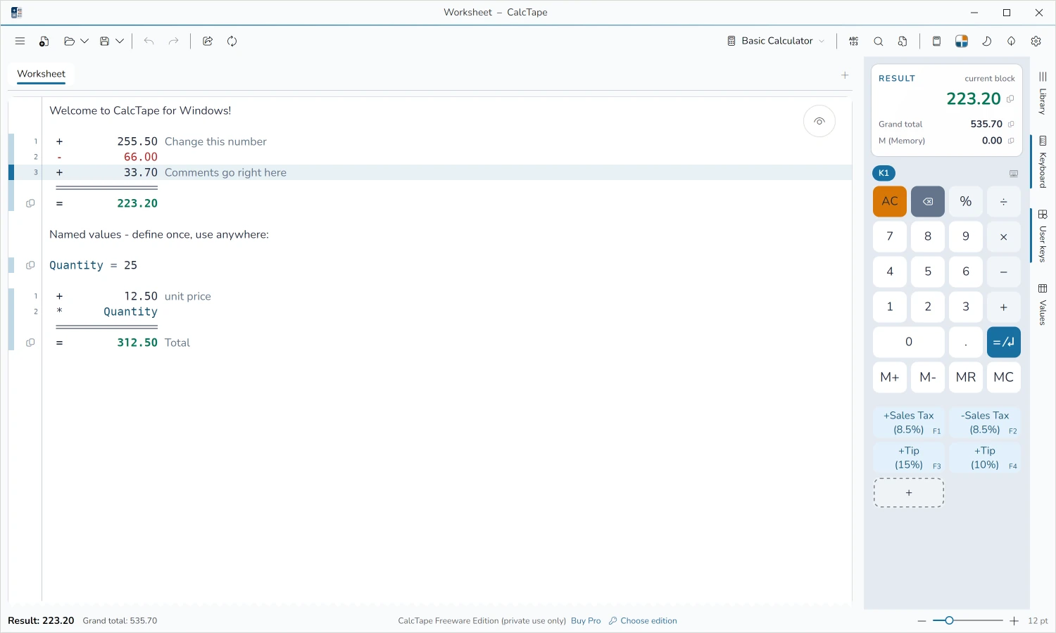 CalcTape for Windows – screenshot
