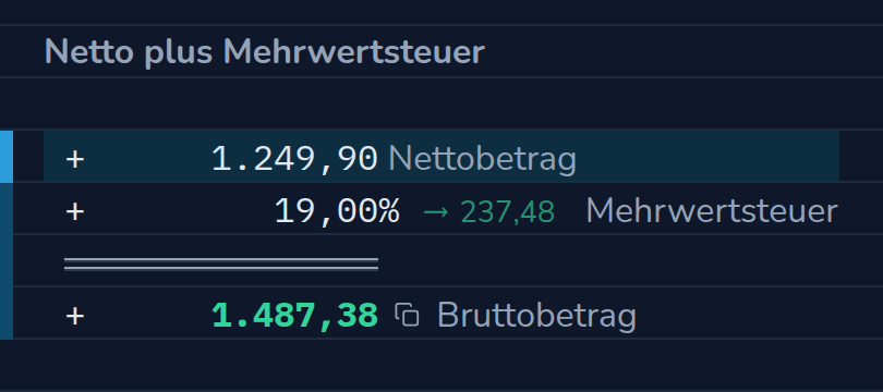 Rechnung in CalcTape Web. Netto plus Mehrwertsteuer: 1.249,90 Nettobetrag; + 19 % (237,48) Mehrwertsteuer; = 1.487,38 Bruttobetrag.