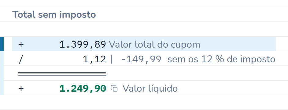 Conta no CalcTape Web. Total sem imposto: 1.399,89 Valor total do cupom; ÷ 1,12 (−149,99) sem os 12 % de imposto; = 1.249,90 Valor líquido.